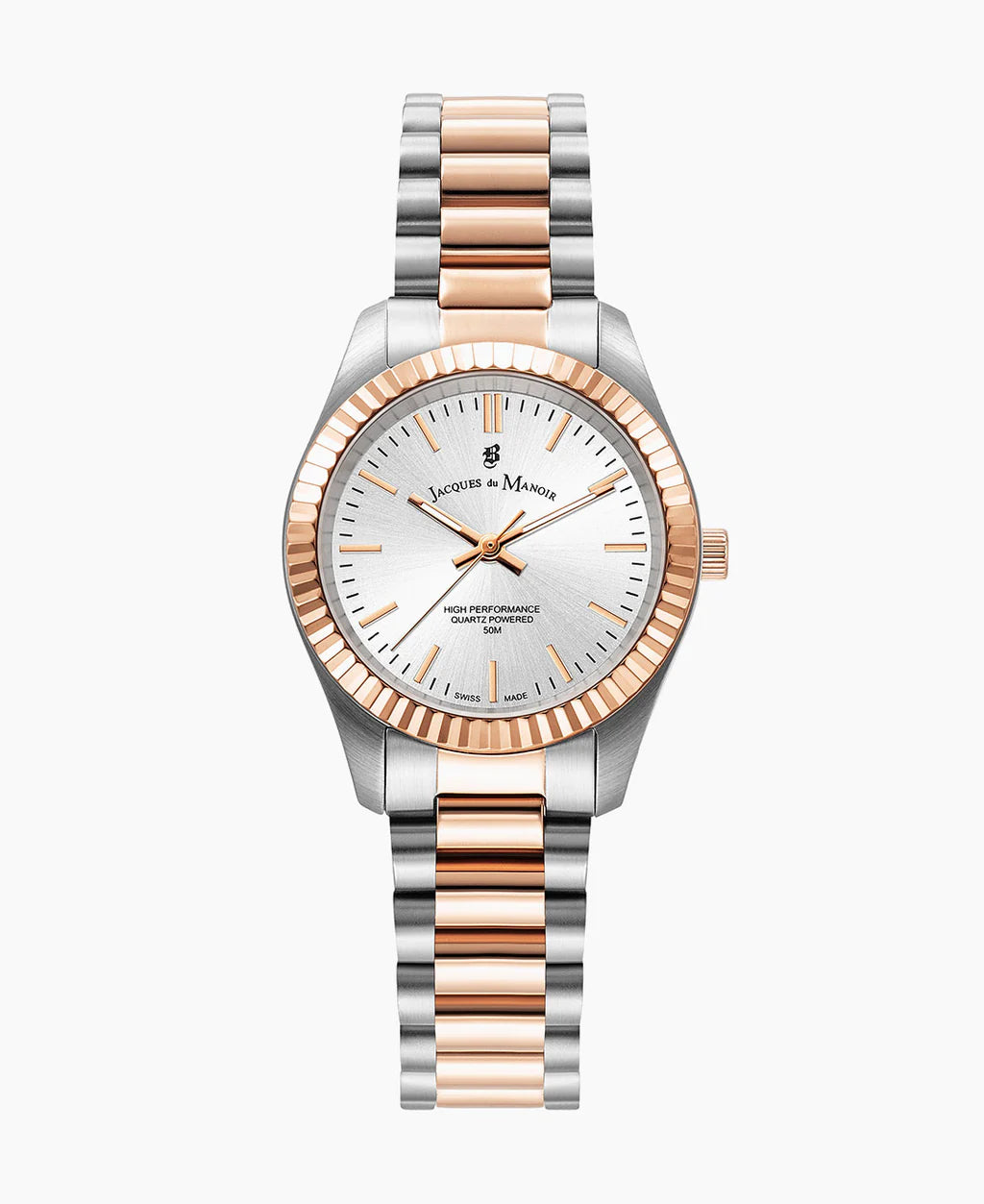 Orologio con cassa argentata e dettagli in oro rosa, quadrante bianco e bracciale bicolore.