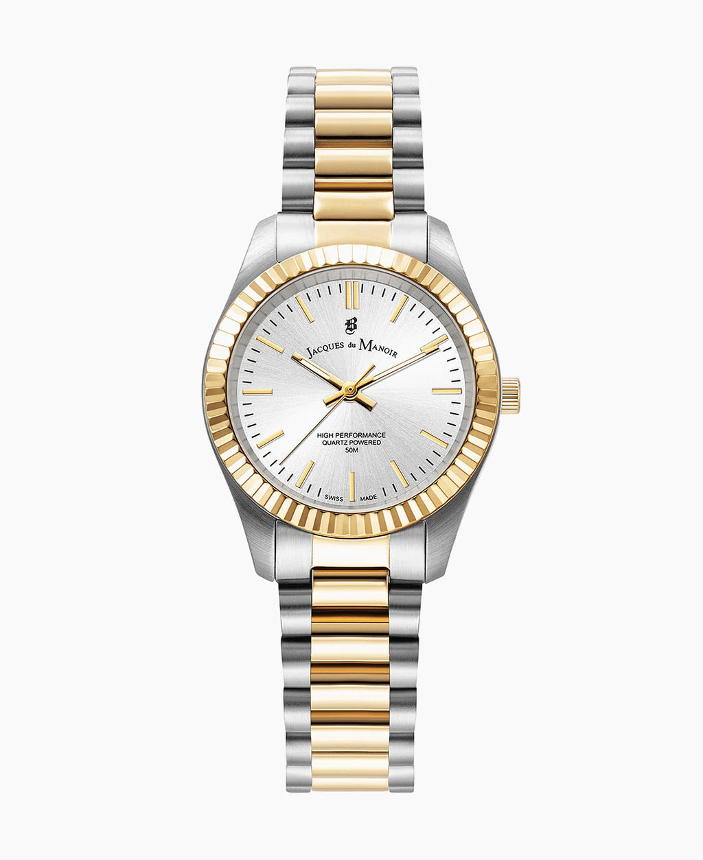 Orologio con cassa argentata e dettagli dorati, quadrante bianco e bracciale bicolore.