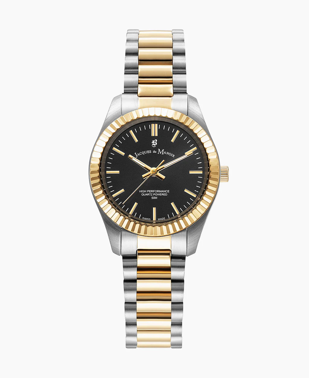 Orologio con cassa in acciaio inox e oro, quadrante nero e bracciale bicolore.