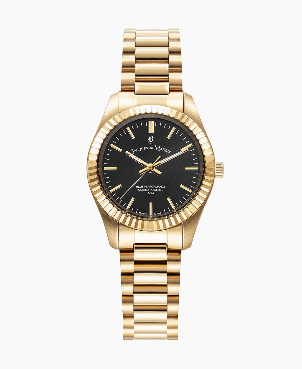 Orologio dorato con quadrante nero e bracciale in maglia rolò.