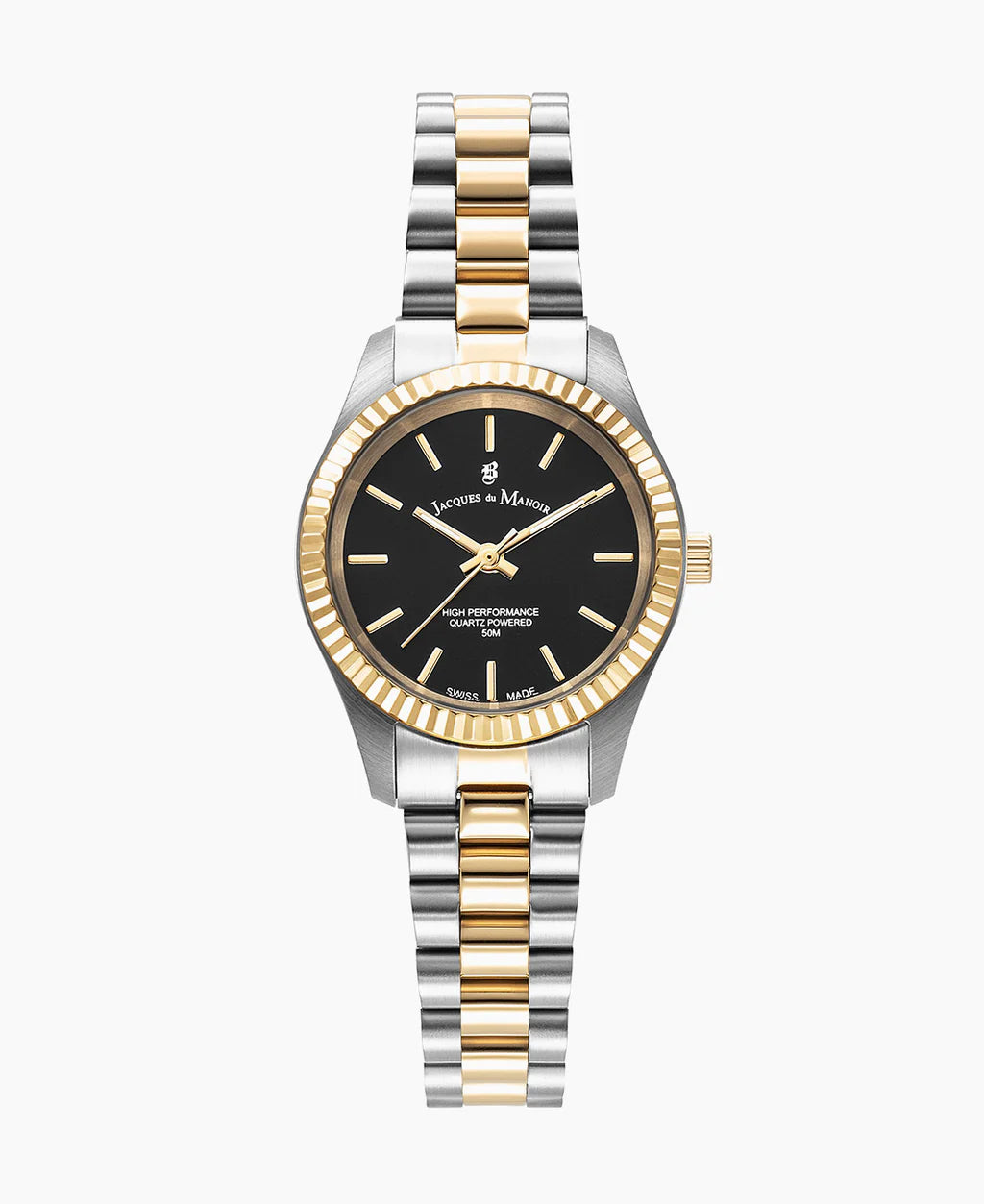Orologio con cassa argentata e dorata, quadrante nero e bracciale in acciaio bicolore.
