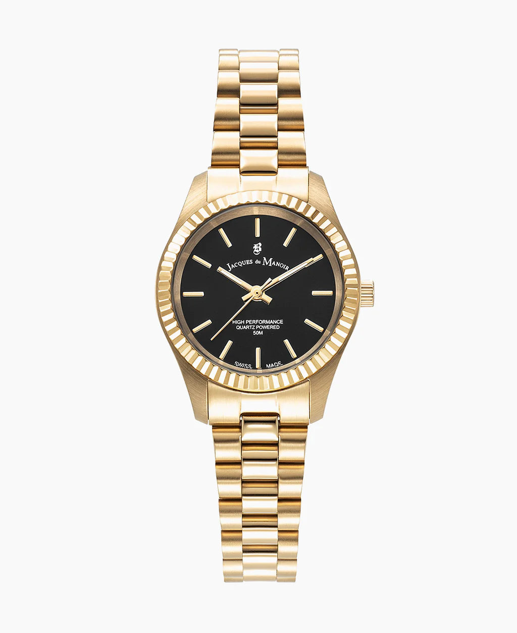 Orologio dorato con quadrante nero e bracciale a maglia rolò.