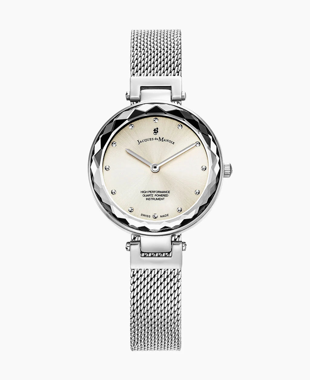 Orologio con cassa argentata e quadrante chiaro, cinturino in maglia rolò.