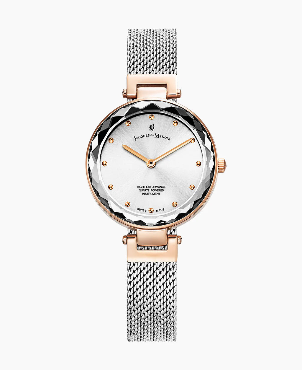 Orologio con cassa rotonda, quadrante bianco, dettagli dorati e cinturino in maglia rolò argentata.