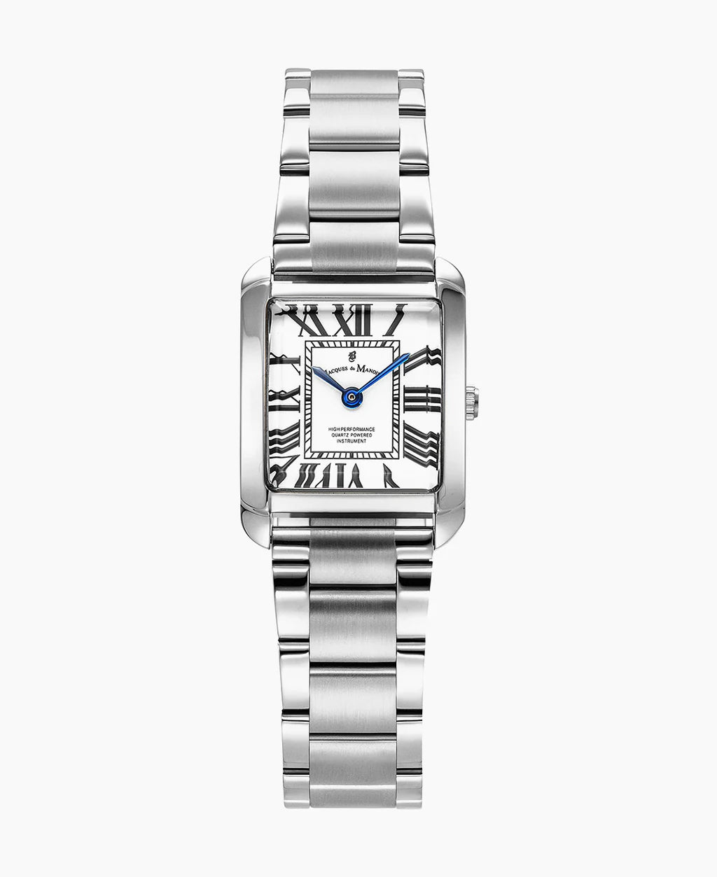 Orologio rettangolare in acciaio inox con quadrante bianco e dettagli a strisce, cinturino lucido.