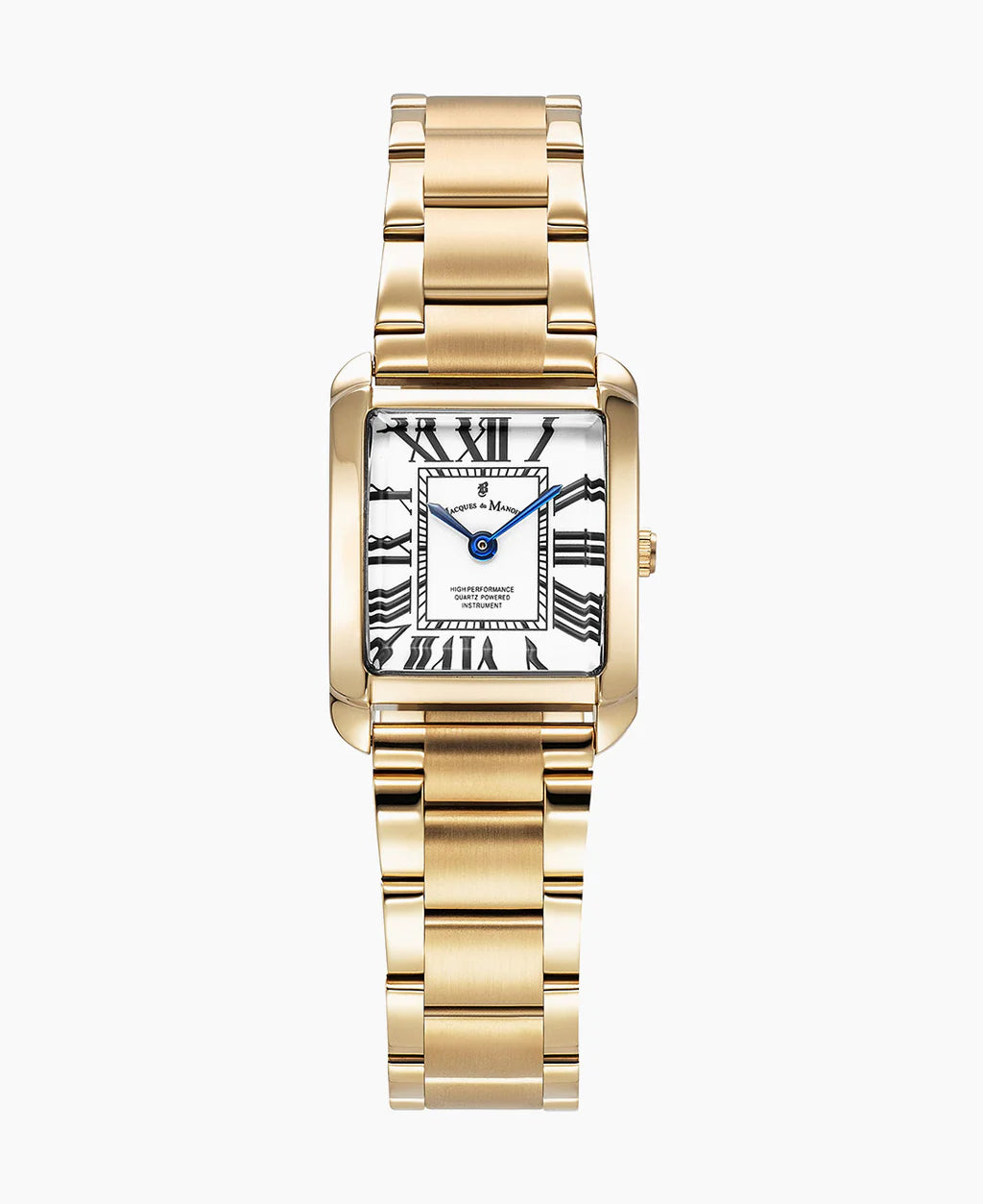Orologio rettangolare dorato con quadrante bianco e numeri romani neri.