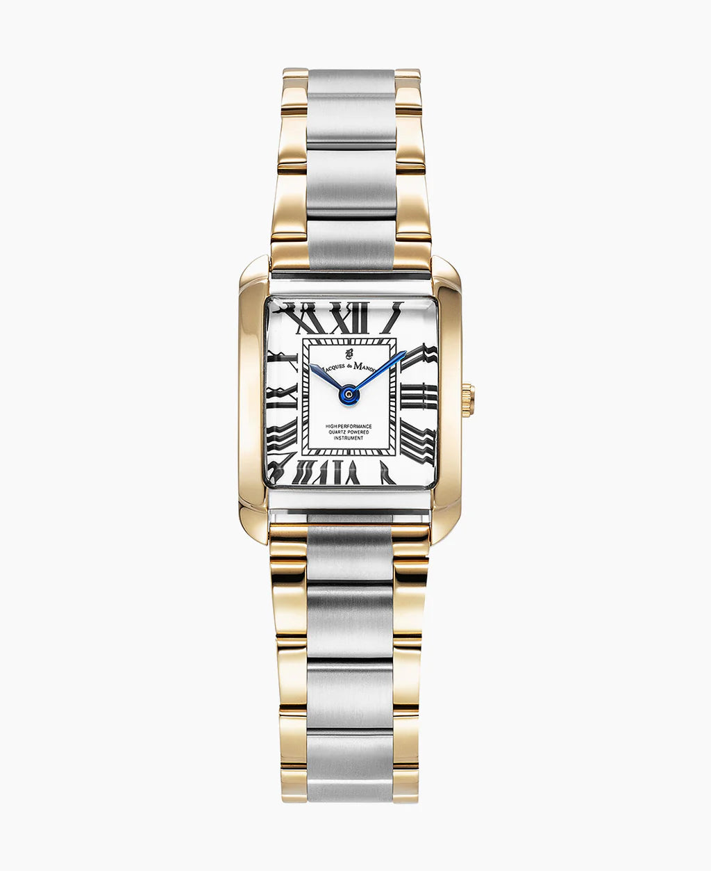 Orologio rettangolare con quadrante bianco e numeri romani, bracciale bicolore in acciaio e oro.