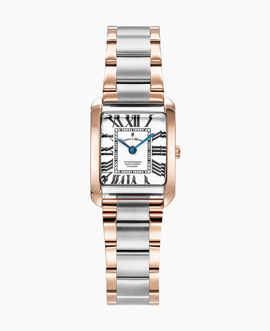 Orologio rettangolare con cassa in acciaio e dettagli in oro rosa, quadrante bianco con numeri romani.
