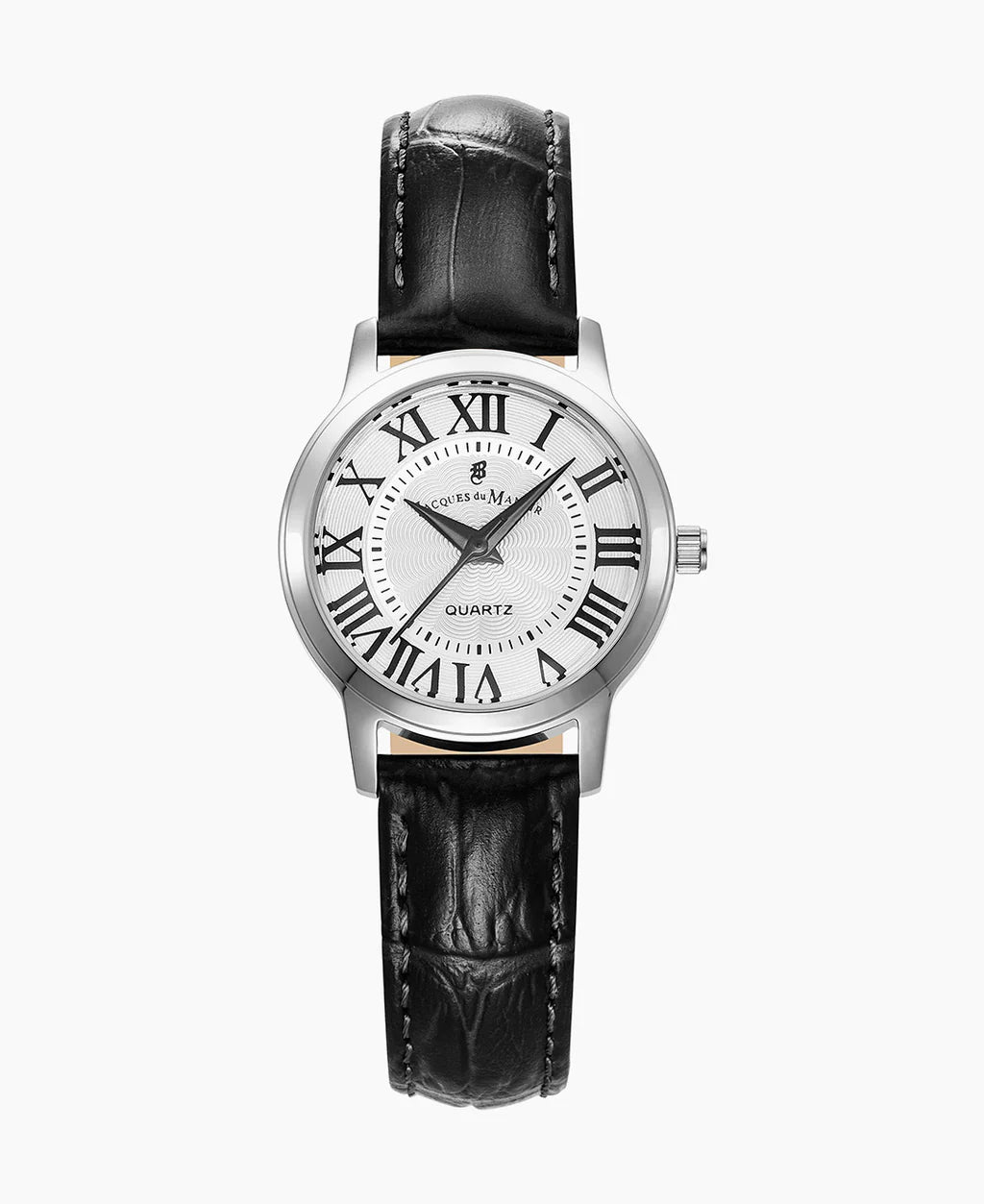 Orologio da donna con quadrante bianco, numeri romani neri e cinturino in pelle nera.