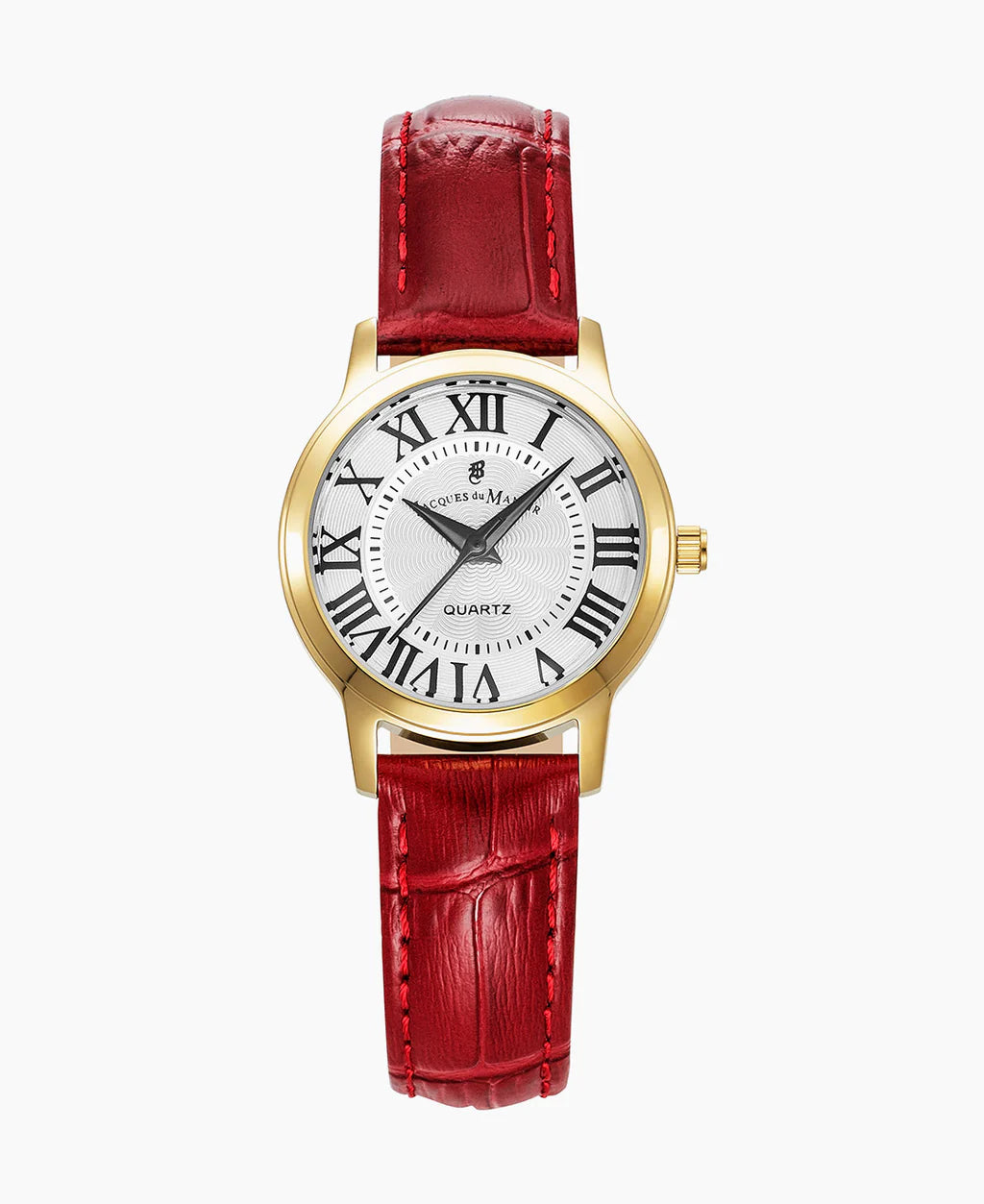 Orologio da donna con cassa dorata, quadrante bianco e cinturino in pelle rossa.