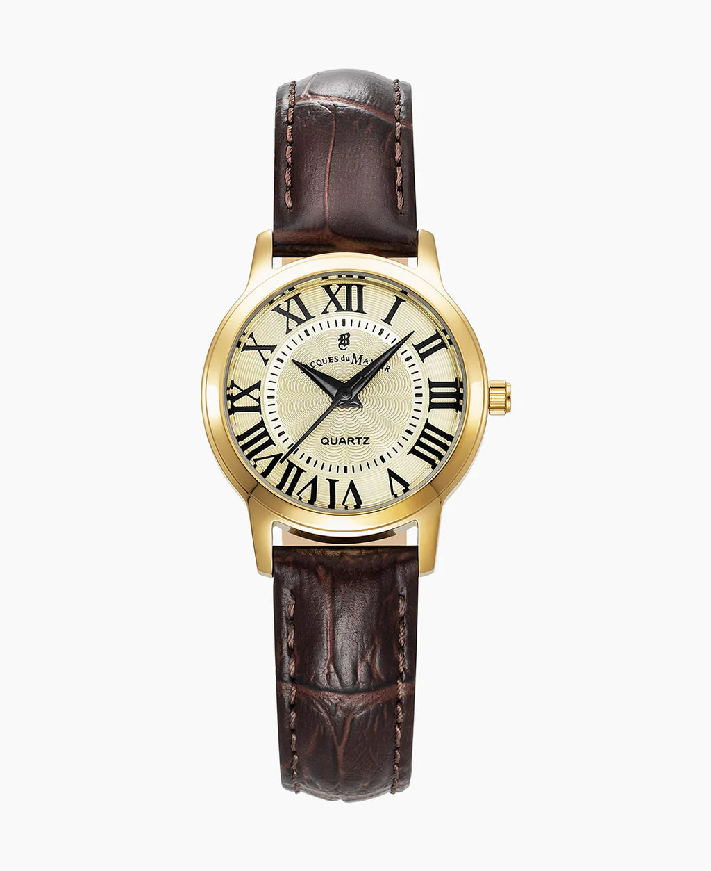 Orologio da donna con cassa dorata, quadrante chiaro e cinturino in pelle marrone.