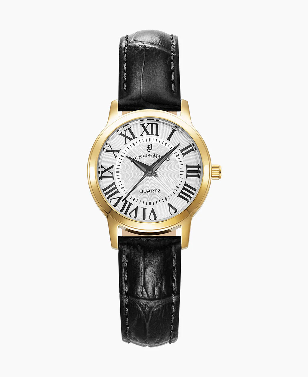 Orologio da donna con cassa dorata, quadrante bianco e cinturino in pelle nera.