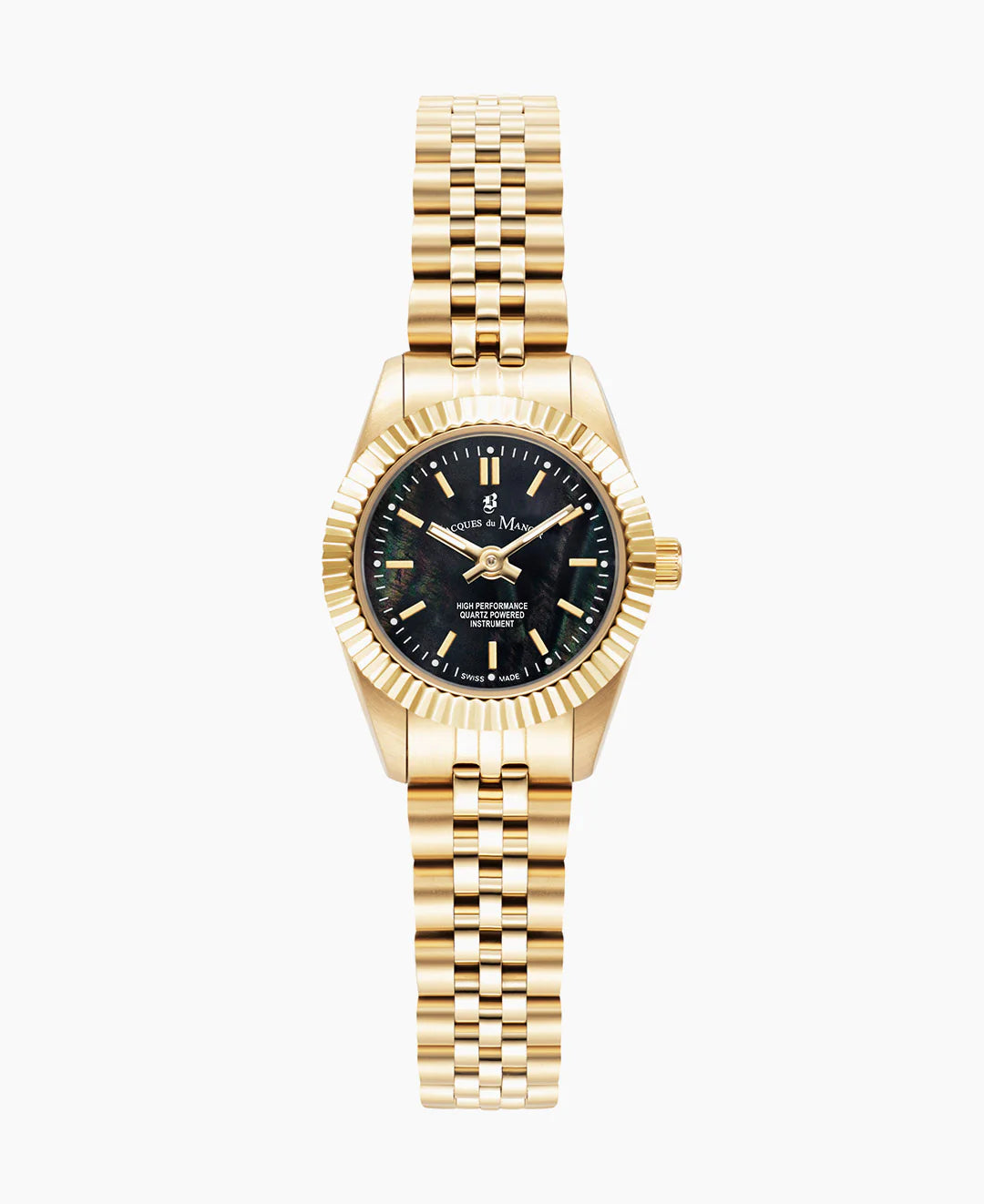 Orologio da donna con cassa dorata, quadrante nero e cinturino in maglia rolò.
