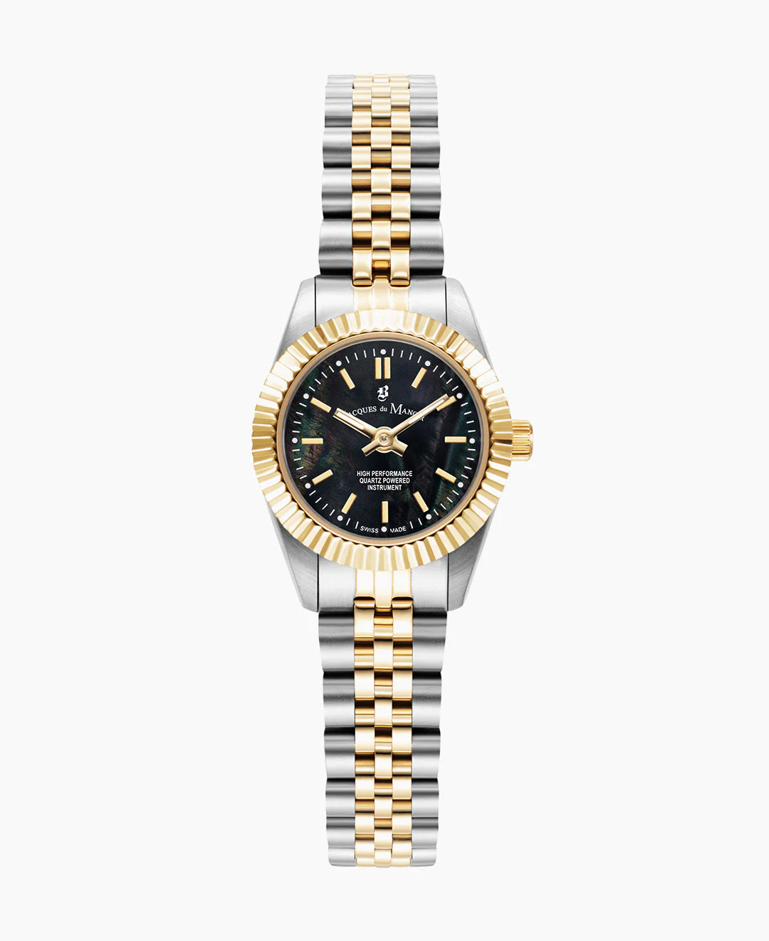 Orologio con cassa bicolore in acciaio e oro, quadrante nero e bracciale a maglia rolò.