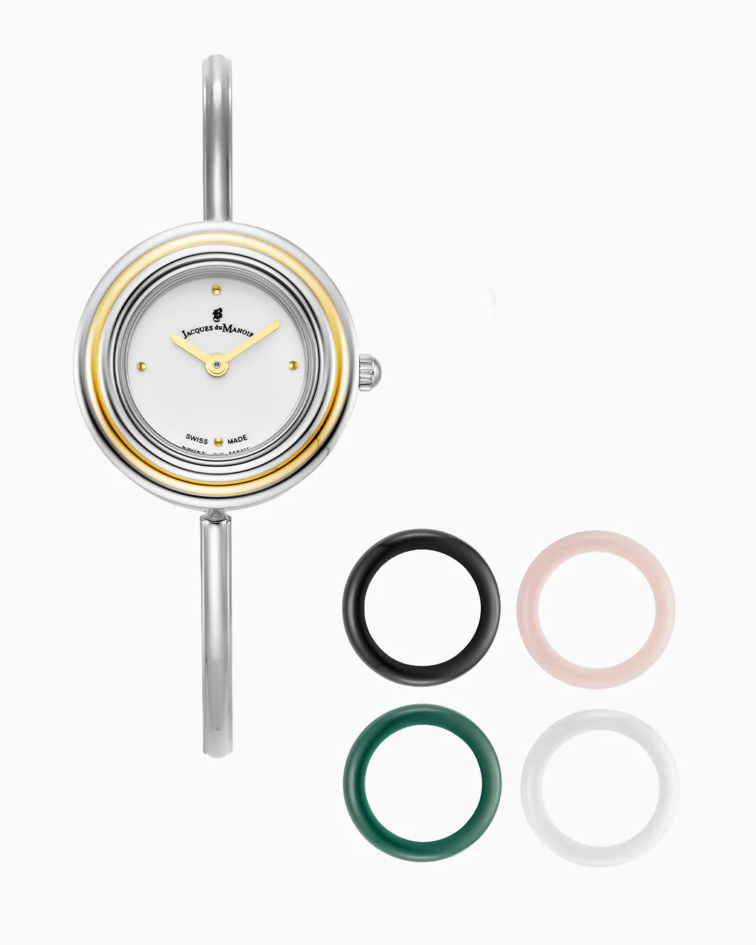 Orologio da donna con cassa in acciaio inossidabile, quadrante bianco e dettagli argentati, con cinturino sottile e anelli intercambiabili in vari colori.