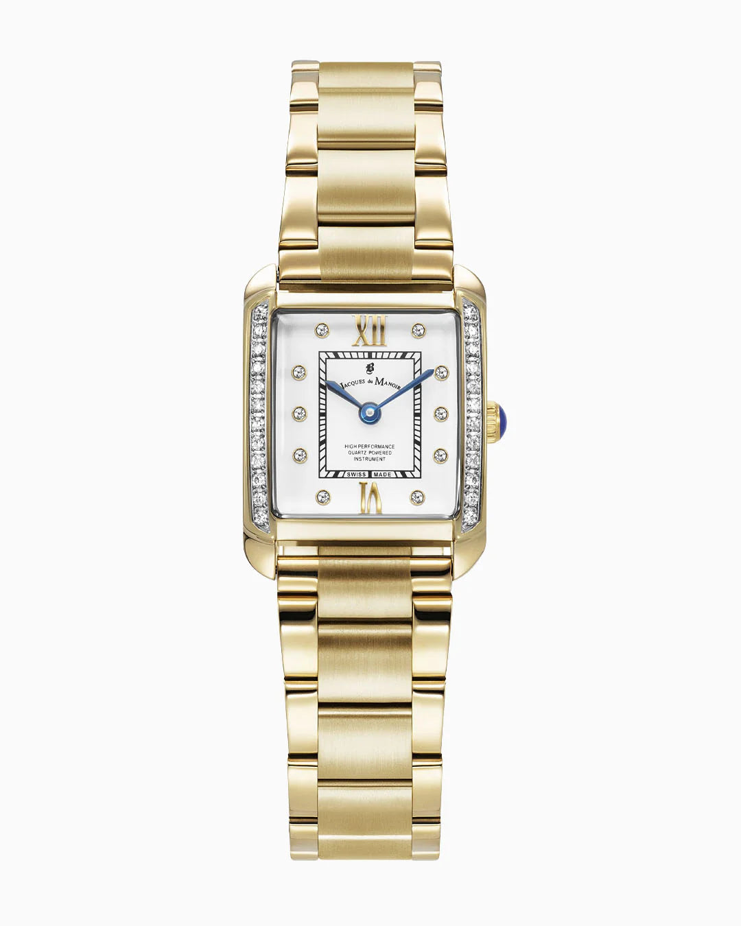 Orologio da donna con cassa quadrata dorata, quadrante bianco e dettagli in cristallo.