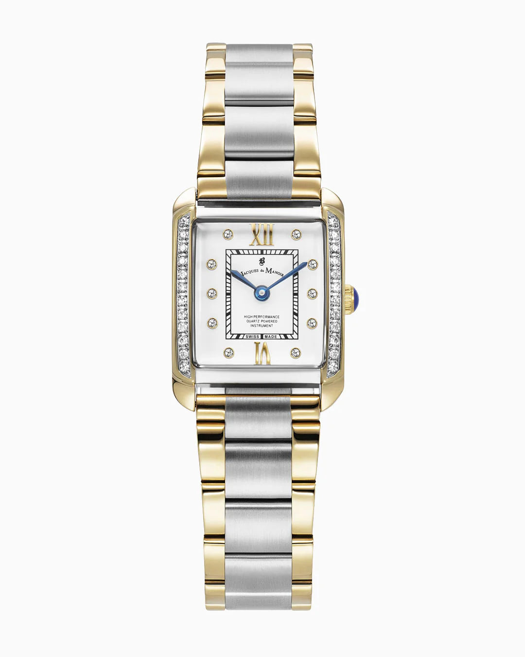 Orologio da donna con cassa quadrata, bracciale bicolore in acciaio e oro, quadrante bianco con dettagli brillanti.