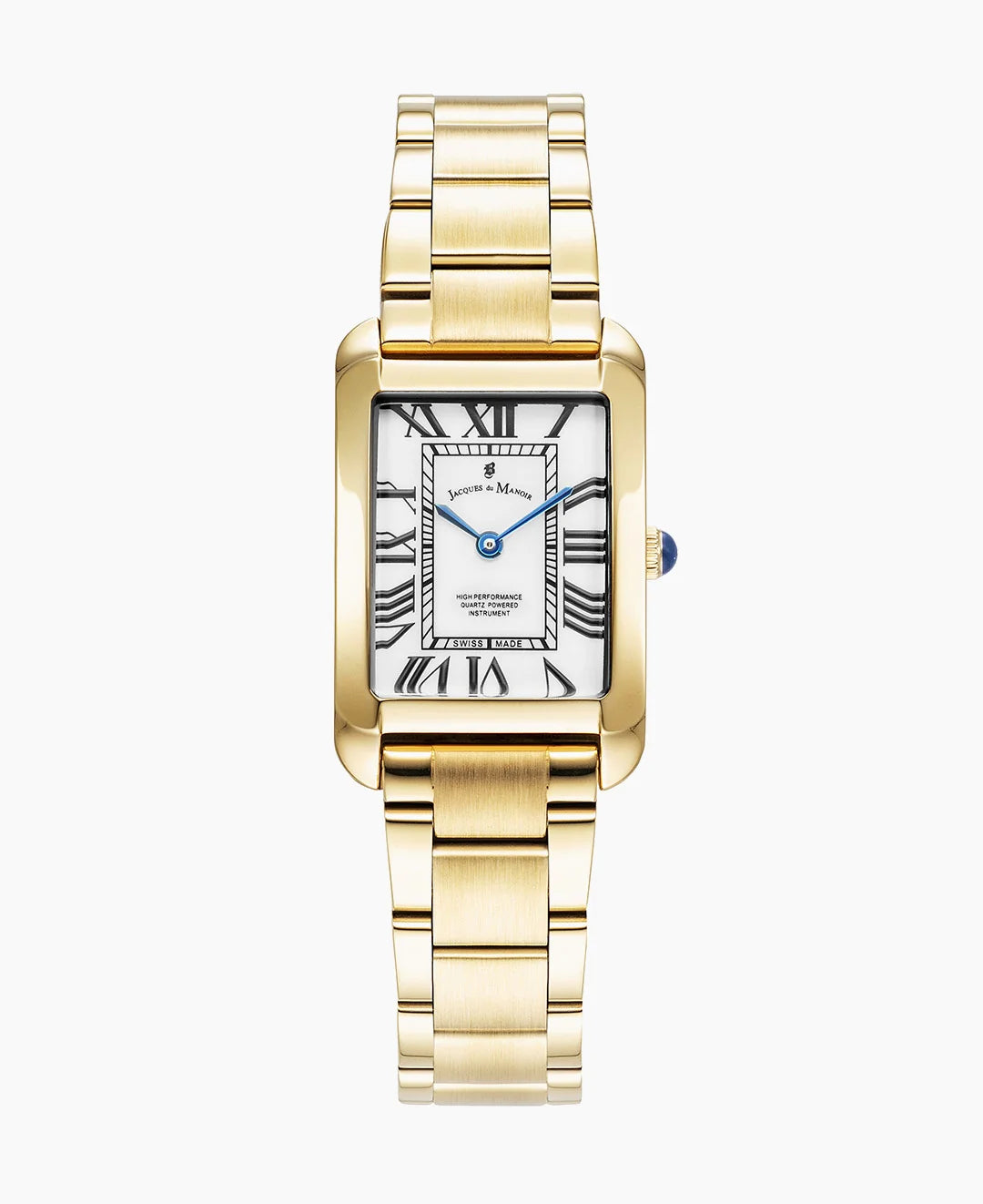 Orologio rettangolare dorato con quadrante bianco e numeri romani.