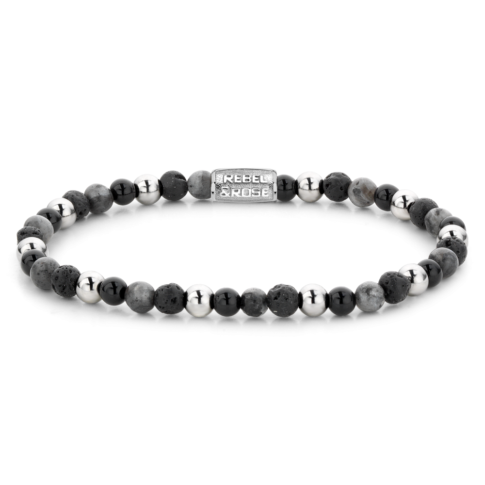Bracciale da donna con perle di 4 mm in pietra naturale grigia e bianca, dettagli neri.