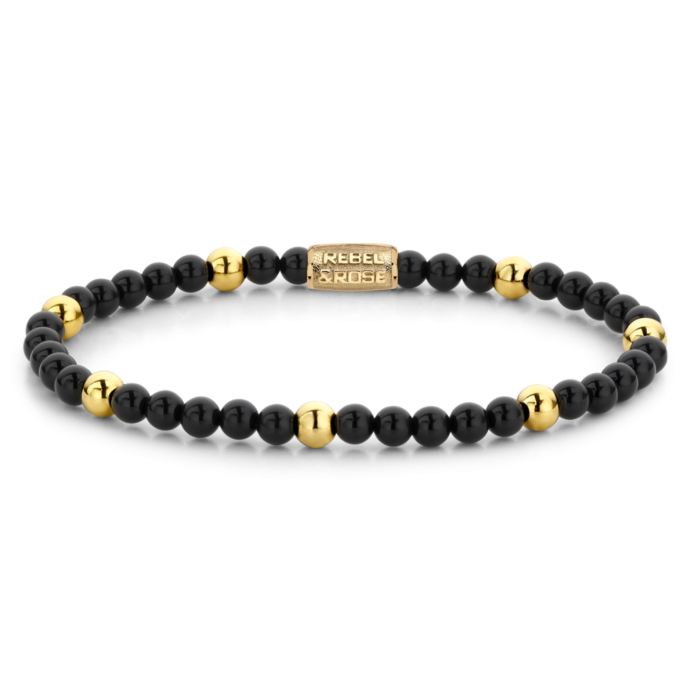 Zwarte kralenarmband met 18 ct geelgouden ionplated accenten en een lengte van 4 mm.