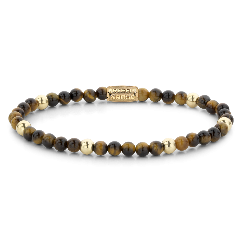 Bracciale da donna in oro giallo ionizzato da 18 ct, con perline di tigri e perline chiare, largo 4 mm.