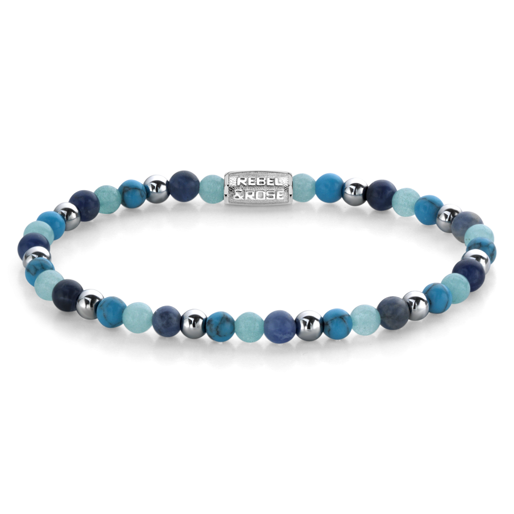 Bracciale da donna con perline blu, azzurre e argentate, di 4 mm di diametro.