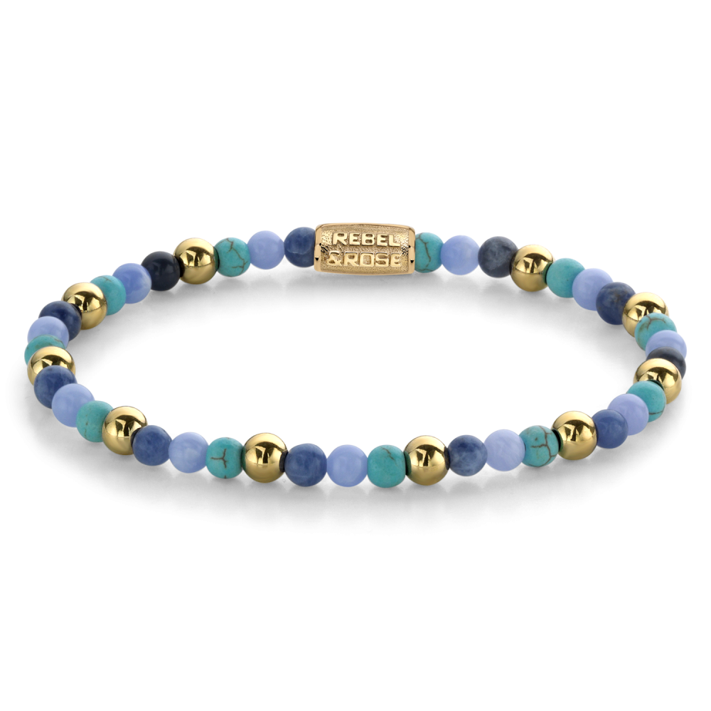 Bracciale da donna in oro giallo ionizzato, con perle di diverse tonalità di blu e oro.