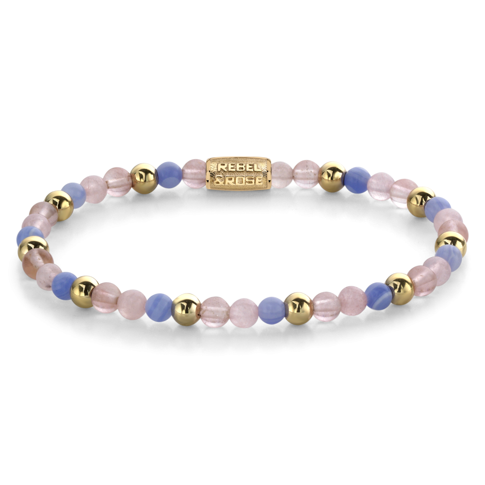 Bracciale da donna con perline in tonalità rosa e blu, dettagli in oro giallo ionizzato e perline dorate.