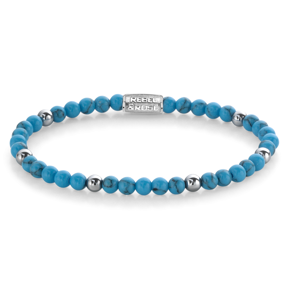 Bracciale da donna con perline turchesi di 4 mm e dettagli in metallo argentato.