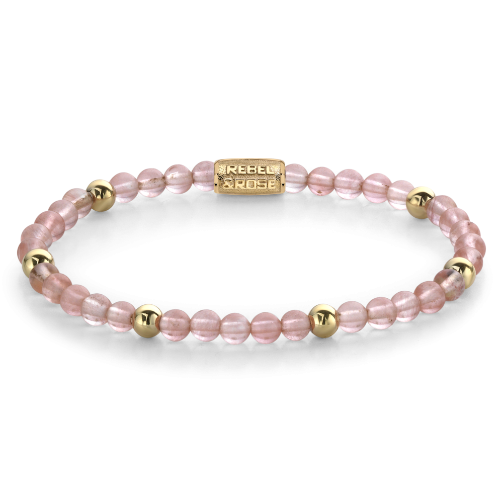 Bracciale da donna in oro giallo ionizzato, con perline rosa e dettagli dorati.