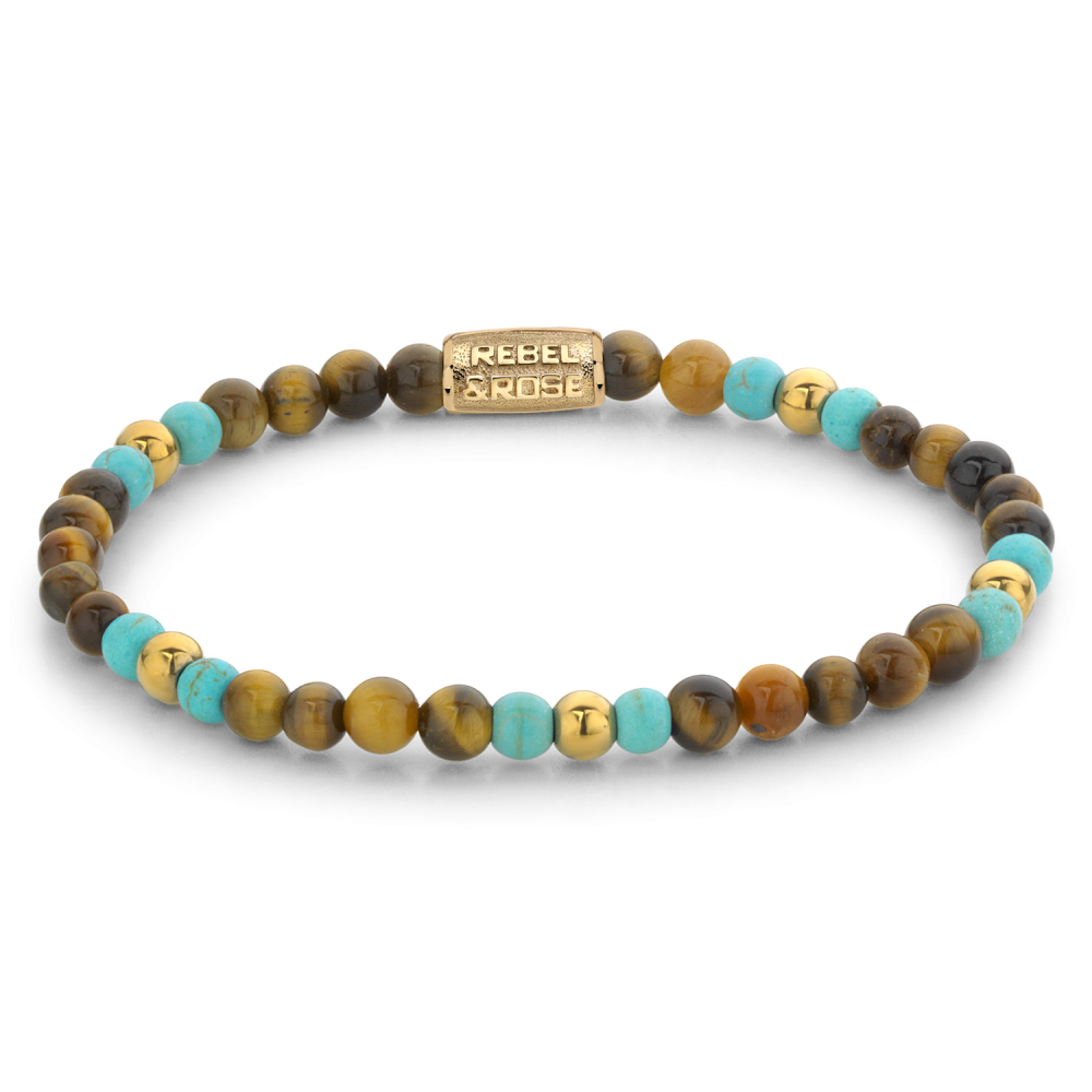 Bracciale da donna con perline in turchese e occhio di tigre, placcato in oro giallo ionico, 4 mm.