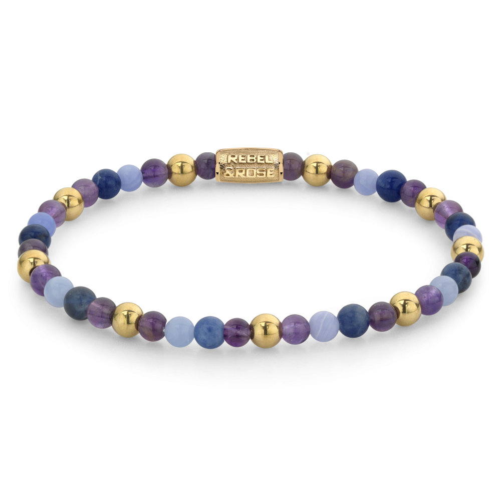 Bracciale da donna in oro giallo ionizzato con perline blu e viola di 4 mm.
