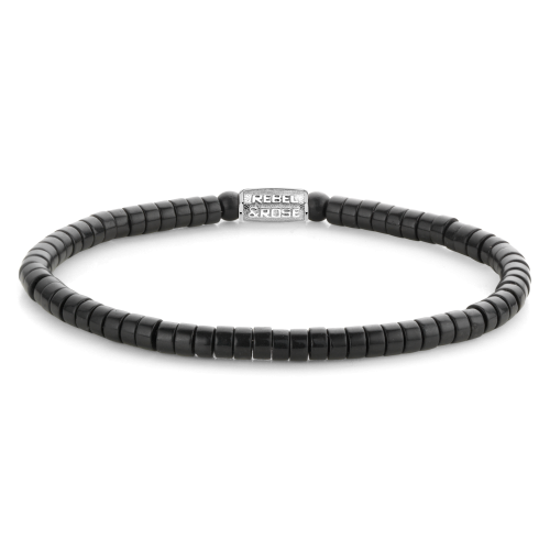 Bracciale da uomo in pietra nera, con perline di 4 mm e chiusura in metallo.