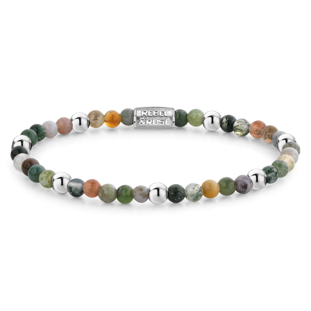 Bracciale da donna con perline di 4 mm in tonalità verdi, arancioni e grigie, con dettagli in metallo.
