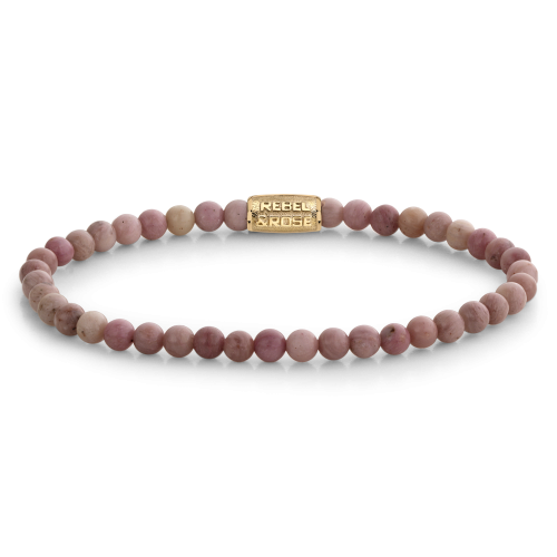 Bracciale da donna con perline rosa e dorato, con chiusura rettangolare.