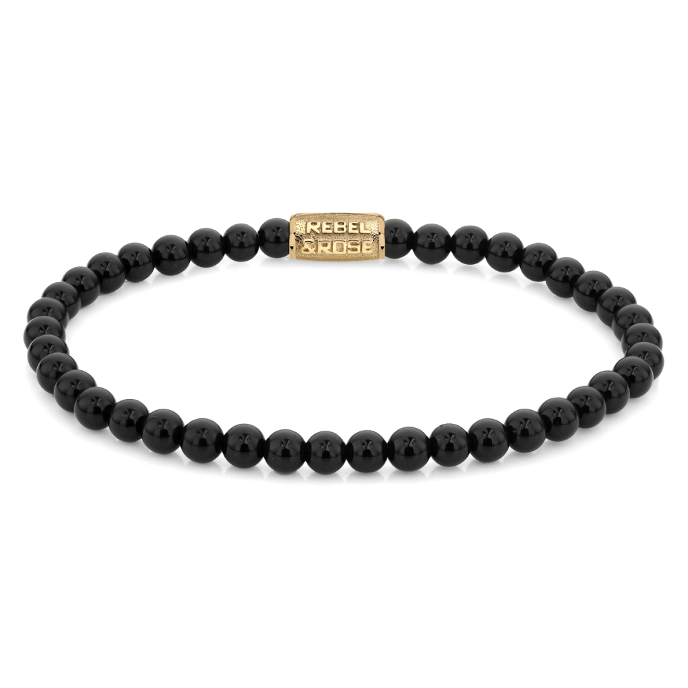 Bracciale da donna con perline nere di 4 mm e chiusura dorata.