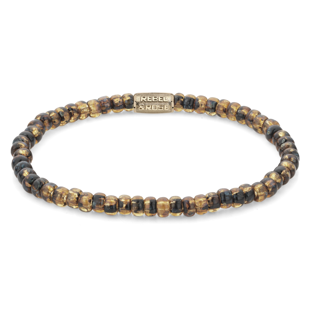 Bracciale da donna in perline di vetro Tiger Gold, con perline di diverse sfumature di oro e nero.