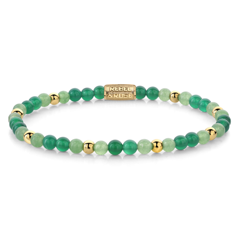 Bracciale da donna con perline verdi e dettagli in oro giallo ionizzato, largo 4 mm.