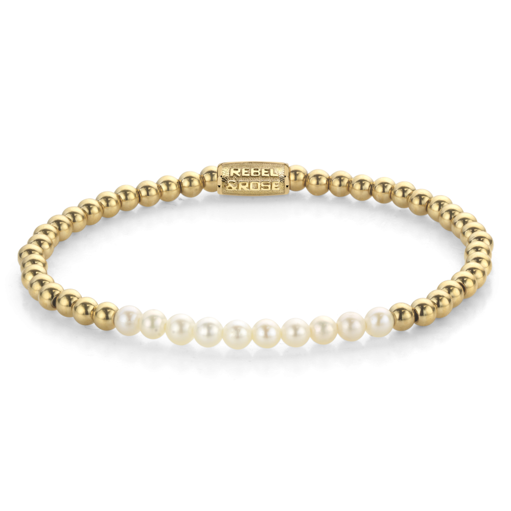 Bracciale da donna in oro giallo con perle bianche e sfere dorate di 4 mm.