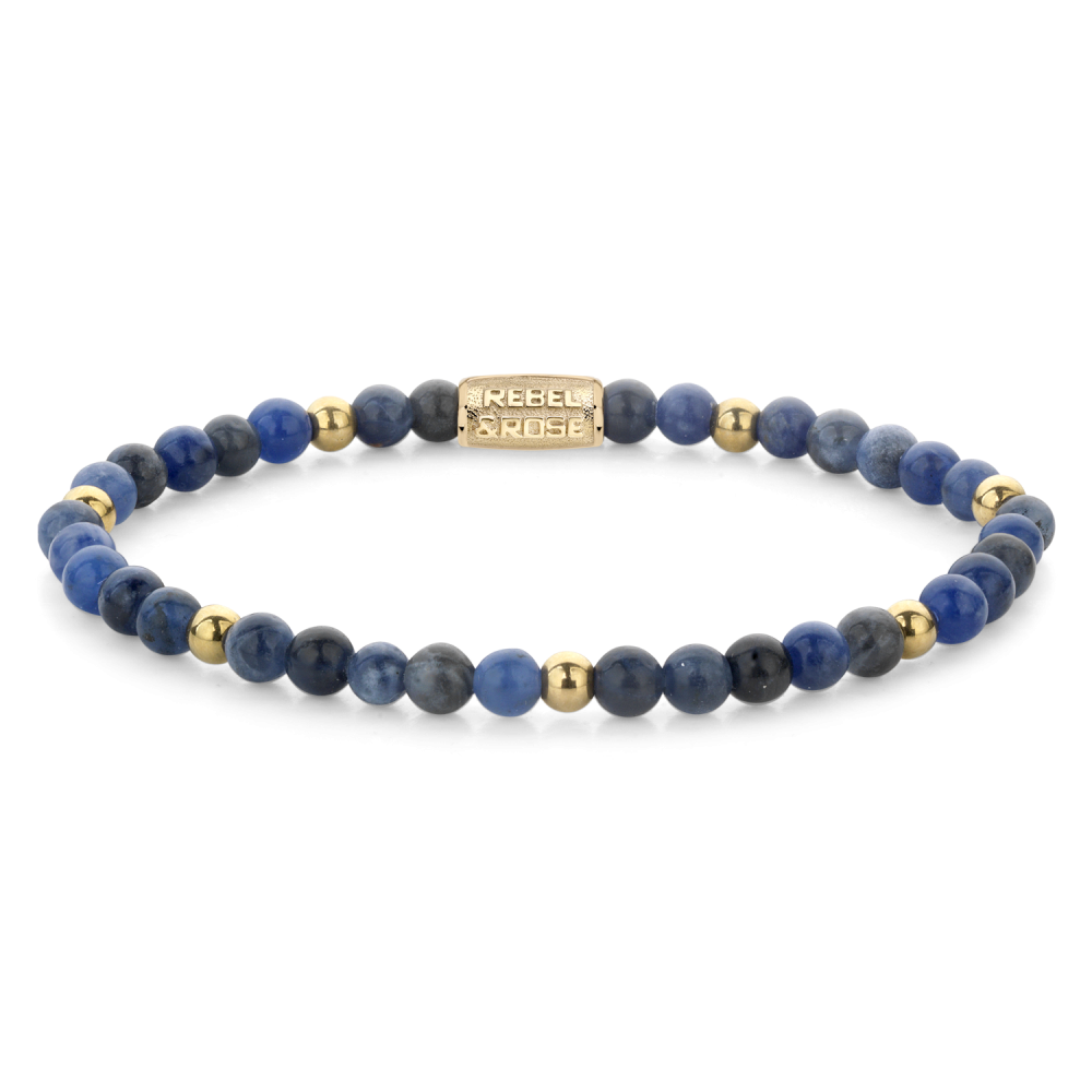 Bracciale da donna con perle blu e dettagli in oro giallo ionizzato, largo 4 mm.