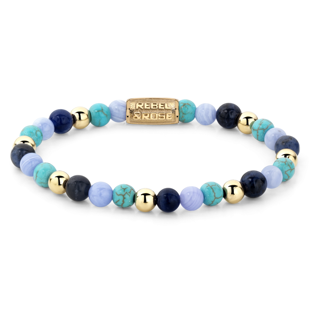 Bracciale da donna con perle di 6 mm in tonalità blu, verde e oro.