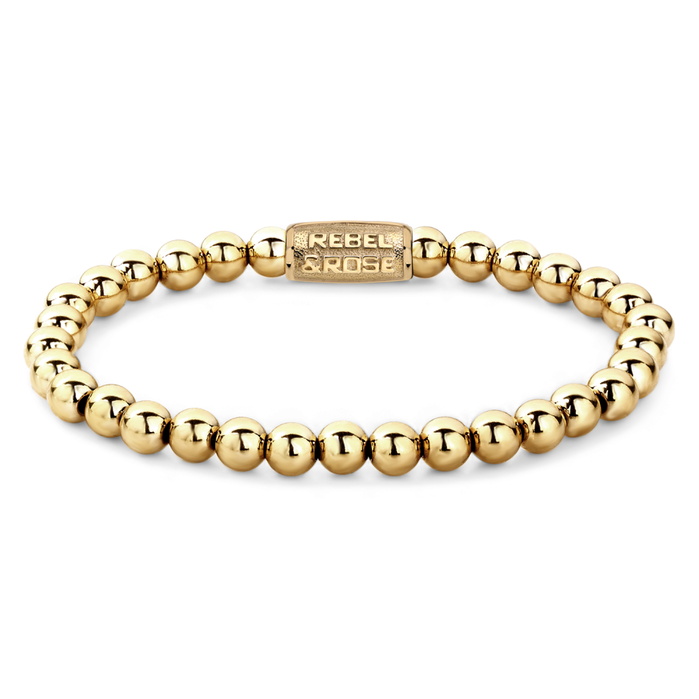 Bracciale da donna in oro giallo con perline da 6 mm e chiusura con logo.