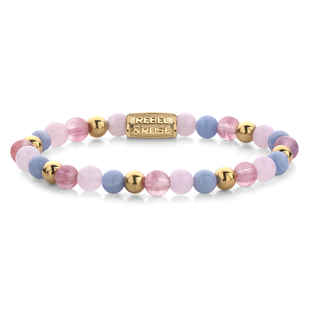 Bracciale da donna con perline di quarzo rosa e azzurro, dettagli in metallo dorato.