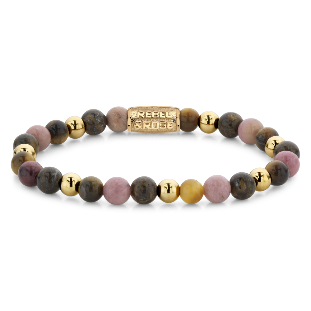 Bracciale da donna con perle in pietra naturale e dettagli in oro giallo ionizzato.
