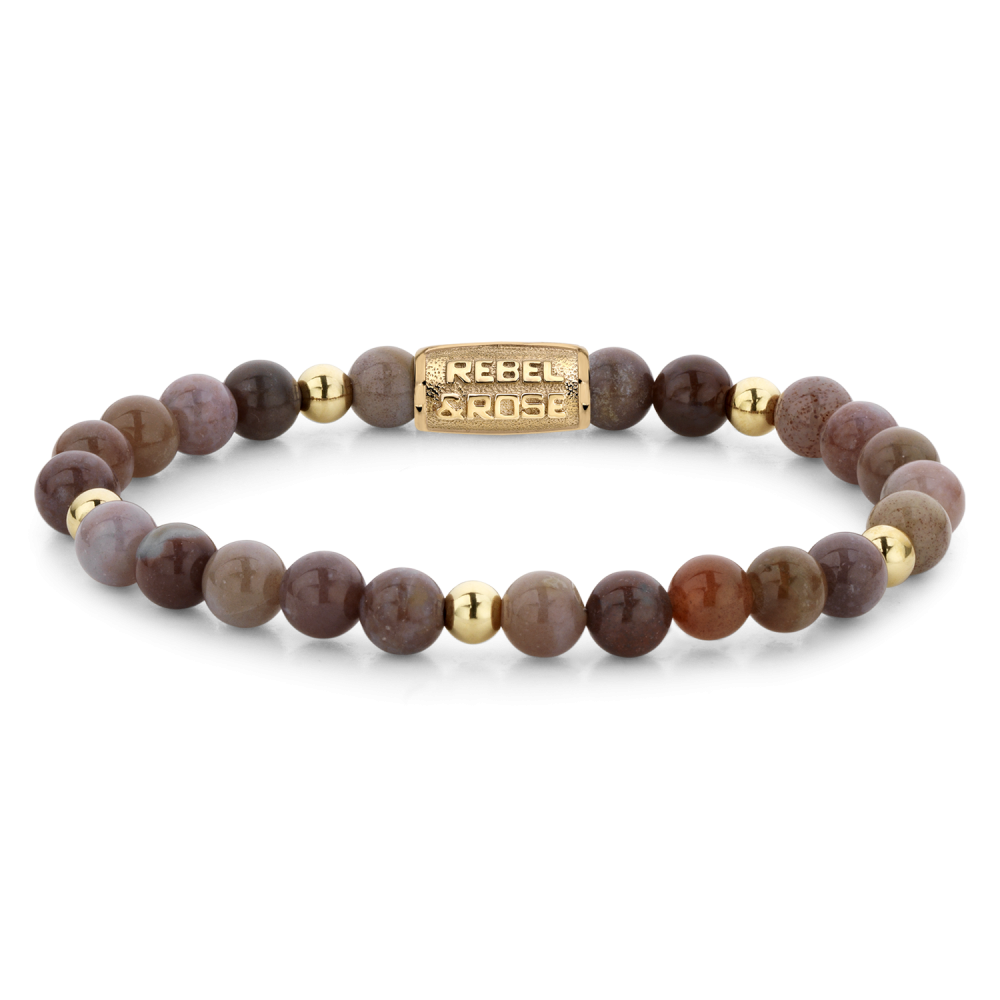Bracciale da donna in oro giallo ionizzato, con perline di diverse tonalità e dettagli dorati.