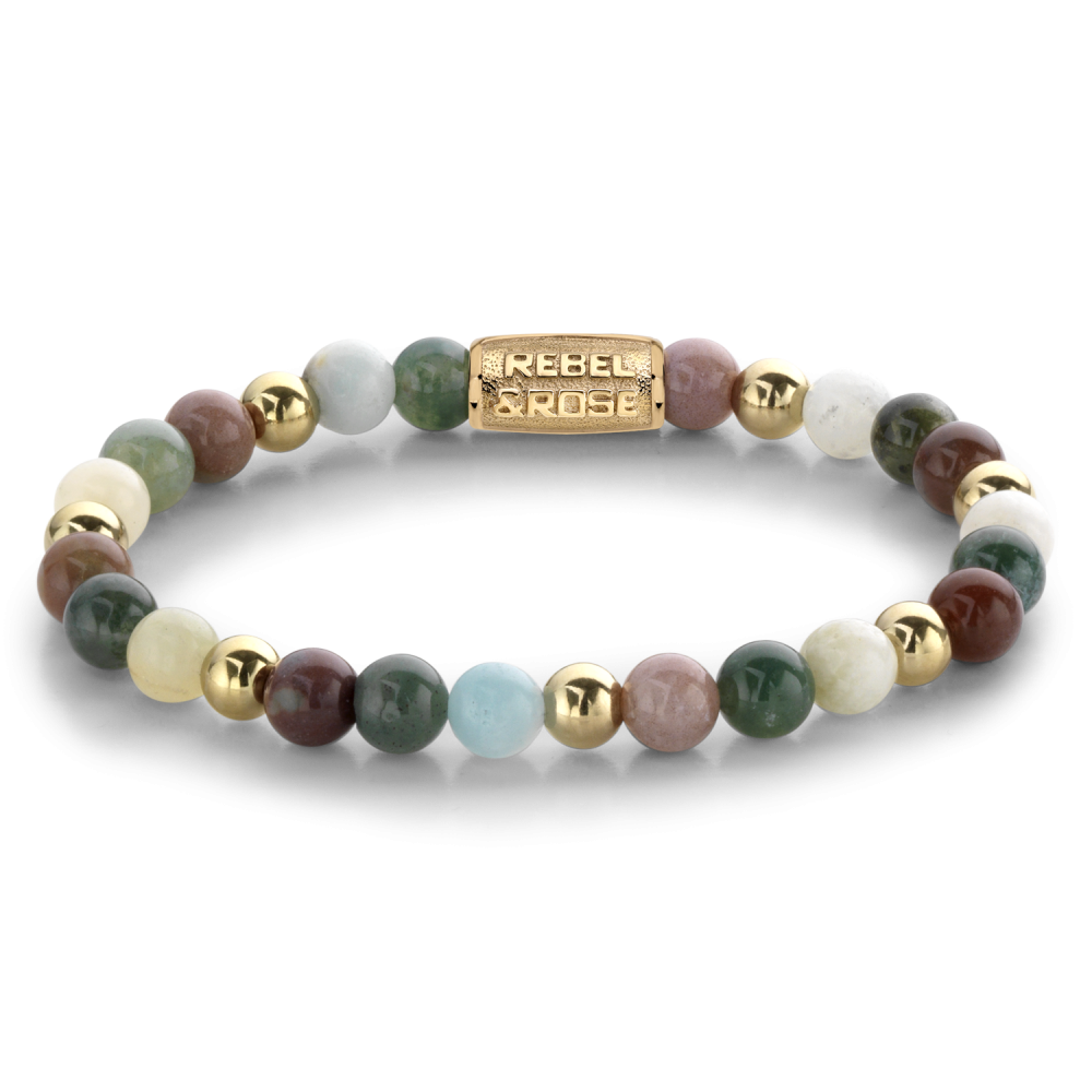 Bracciale da donna in oro giallo ionizzato, con perle colorate e dettagli dorati.