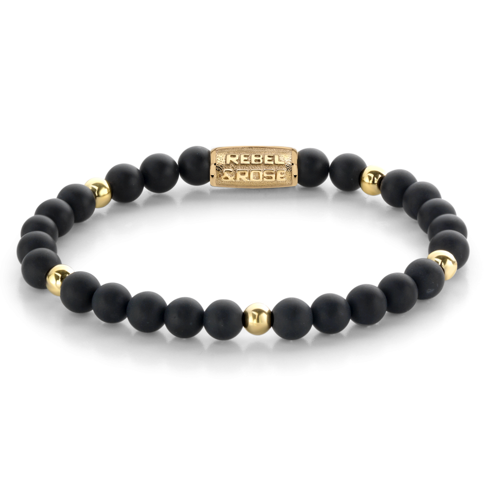 Bracciale da donna in onice opaco con dettagli in oro giallo, 6 mm di diametro.