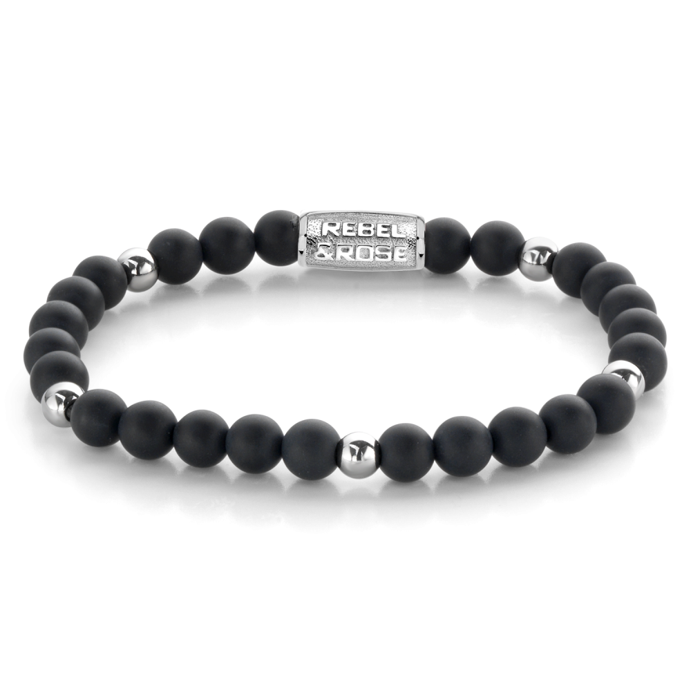 Bracciale da donna in perle nere opache da 6 mm con dettagli argentati.