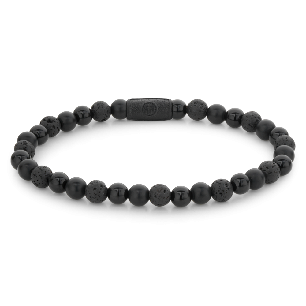 Bracciale da uomo in pietre nere opache di 6 mm con chiusura nera.