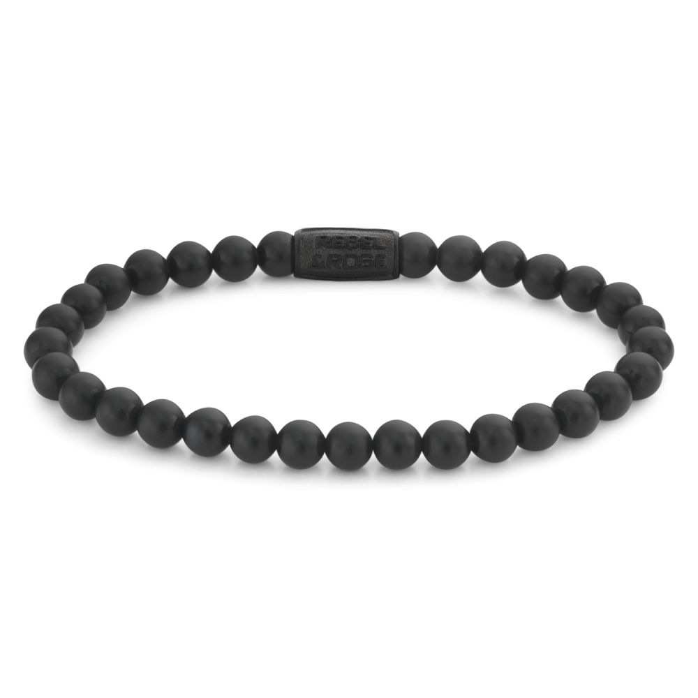 Bracciale da uomo in perle nere opache di 6 mm con chiusura nera.